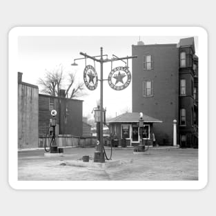 Corner Gas Station, 1925. Vintage Photo Sticker